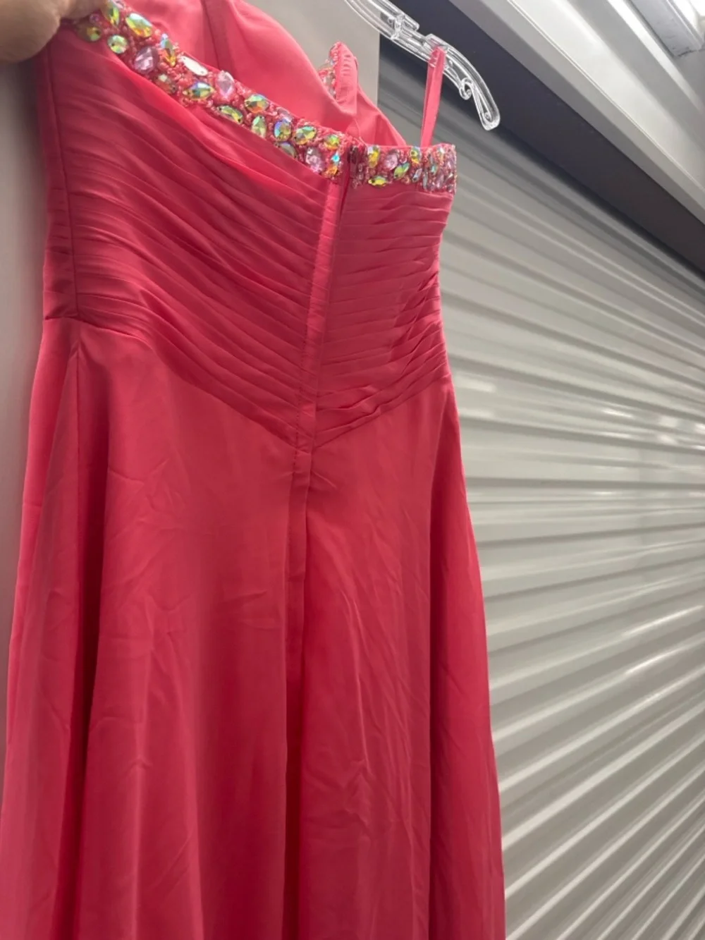 Strapless Coral Evening Gown with Embellished Sweetheart Bodice - Picture 6 of 8